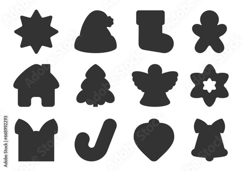 Christmas gingerbread cut shape cookie silhouette set. Template cutting machine paper craft santa hat sock house star snowflake angel xmas tree gift bow ribbon ginger man candy cane bell isolated