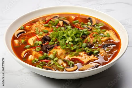 Photo of a bowl of Chinese hot and sour soup with garnishes on a clean white surface. Generative AI © Aditya