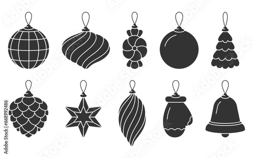 Christmas tree toy black glyph silhouette set. New year holiday decoration stamp stencil mark trace candy star ball pine cone icicle mitten bell spiral gift celebration design party element isolated 
