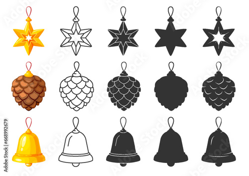 Christmas tree toys flat line glyph silhouette set. Editable stroke outline sticker label holiday cartoon yellow brown star jingle bell pine cone icon decorating stencil scrapbooking design isolated