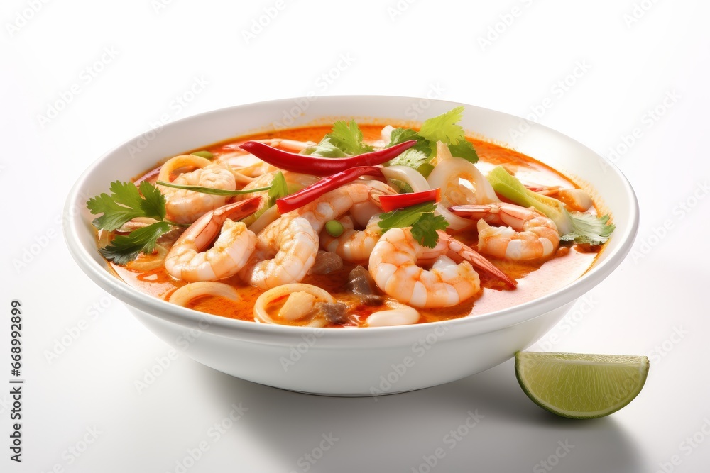 Photo of a bowl of Thai tom yum soup with fresh ingredients on a crisp white countertop. Generative AI
