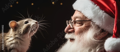 Old Saint Nicholas with a white beard and red attire looks at a small white rat on his shoulder symbolizing winter holidays and traditions