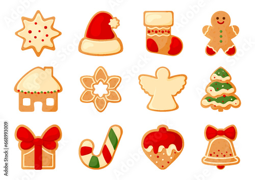 Christmas gingerbread sugar glaze cookie flat set. Winter dessert milk red green santa hat sock house star snowflake angel xmas tree gift bow ribbon ginger man candy cane bell sticky icing isolated