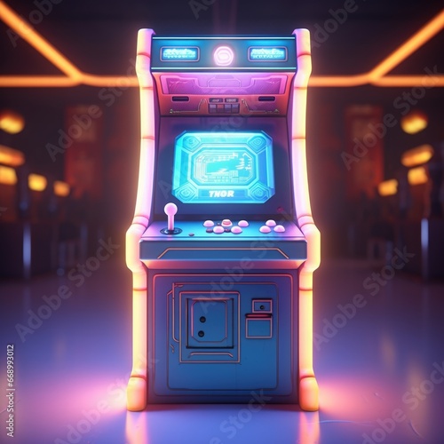 arcade room playing 3D console Retro screen game neon joystick arcade entertainment illustration p machines glowing retro nightlife. photo