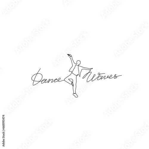 Dance Waves  studio logo design   hand drawn lettering  inspirational phrase  continuous line drawing  poster  banner  card  print for clothes  emblem  one single line  isolated vector illustration