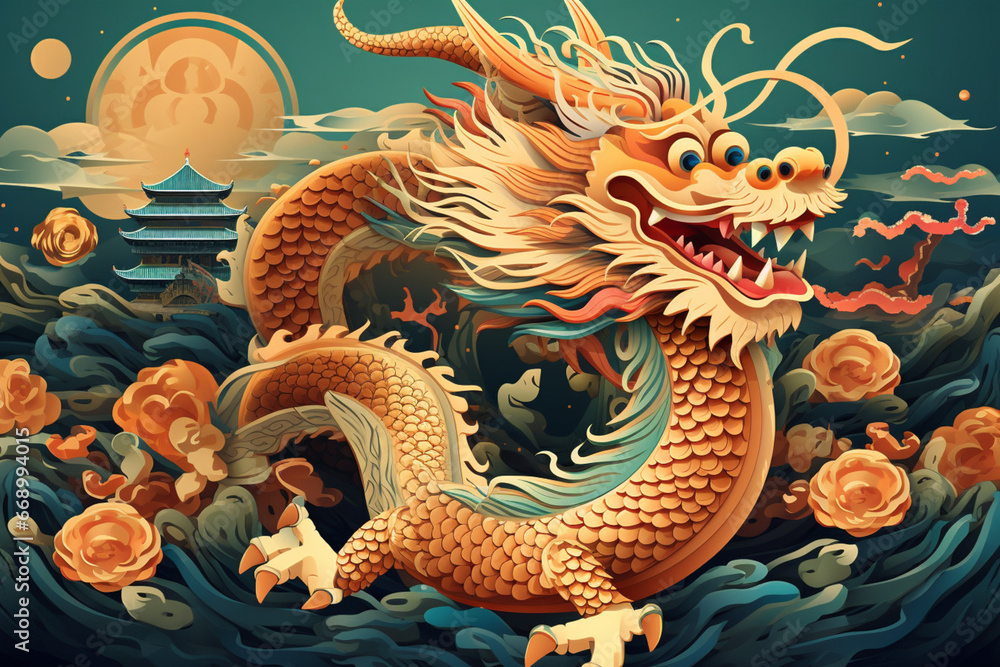Chinese dragon in the sea. Cartoon style. Vector illustration for your design