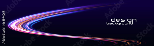 Neon stripes in the form of a sow road or a racing track. light road in the form of a swirl, neon color. Speed line with sports cars. Technology stream design illustration. 