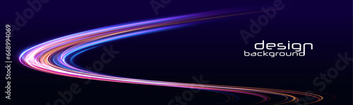 Neon stripes in the form of a sow road or a racing track. light road in the form of a swirl, neon color. Speed line with sports cars. Technology stream design illustration.	