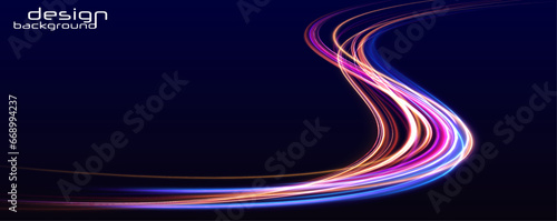 Creative vector illustration of flying cosmic meteor, planetoid, comet, fireball isolated on transparent background. Futuristic neon light effect. Speed of light concept background.	 photo