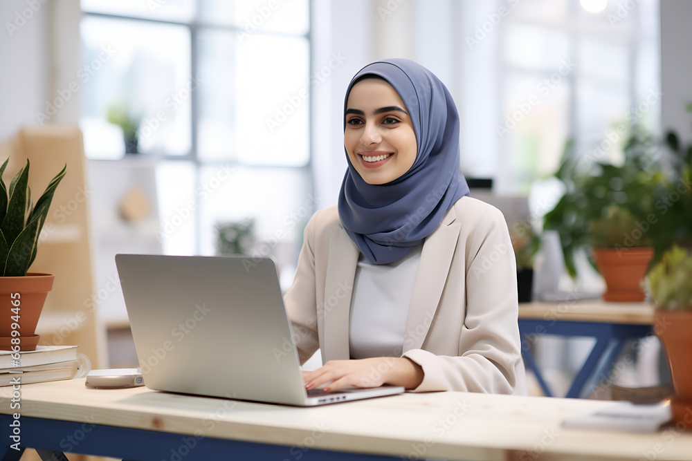 Attractive cheerful young beautiful arabian muslim businesswoman in hijab sitting at the desk use laptop