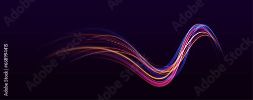 Luminous bright background. High speed effect motion blur night lights blue and red. Magic shining neon light line trails. Purple glowing wave swirl, impulse cable lines. Long time exposure. Vector 