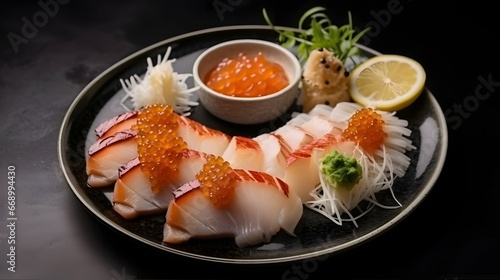 Sashimi sushi set with scallop on shell with daikon and lemon on plate on dark background