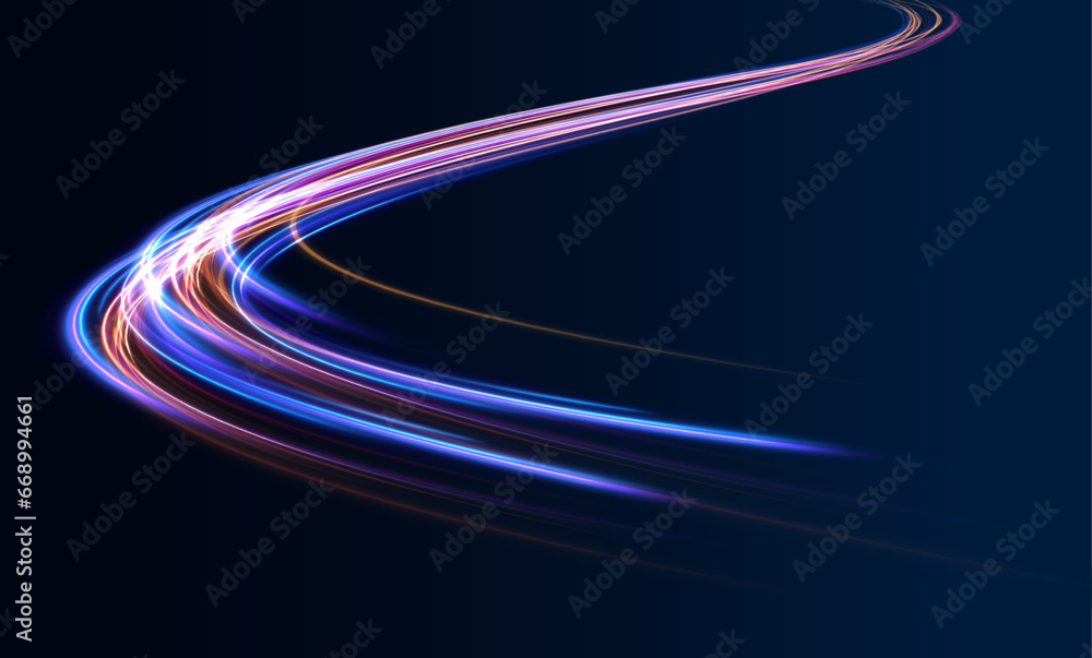 Luminous bright background. High speed effect motion blur night lights blue and red. Magic shining neon light line trails. Purple glowing wave swirl, impulse cable lines. Long time exposure. Vector	 - obrazy, fototapety, plakaty 