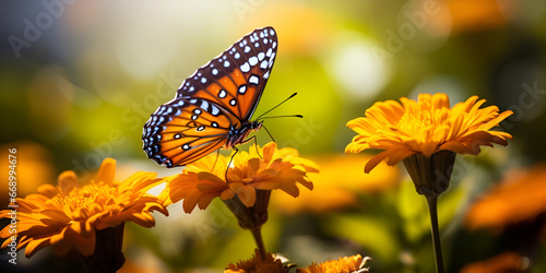 Butterfly on orange flowers background A monarch butterfly sits on a flower in a field of yellow flowers with green blured background Ai Generative