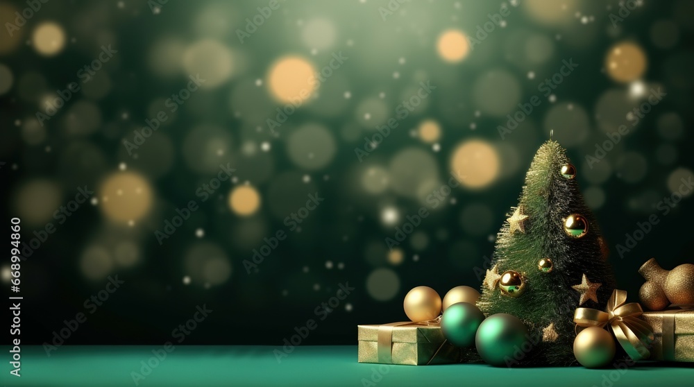 Christmas decoration with pine trees with gift boxes with balls on green background and beautiful bokeh light backdrop. For copy areas, banners, text, advertisements.