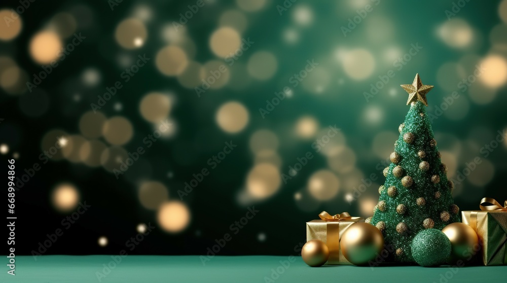 Christmas decoration with pine trees with gift boxes with balls on green background and beautiful bokeh light backdrop. For copy areas, banners, text, advertisements.