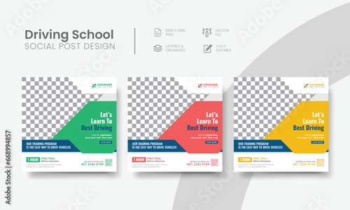 Driving school social media post for wanted to learn promo ads design. High-quality vehicle driving school social media post layout for promotional advertising. Vol - 8