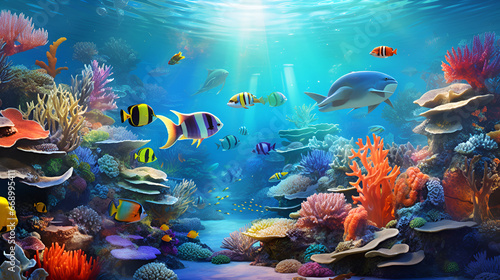 an underwater scene with many different types of fish, a detailed matte painting by RHADS, cg society contest winner, photorealism, behance hd, uhd image, volumetric lighting 