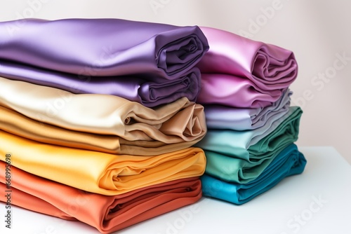 colorful silk satin materials in rolls stacks photo