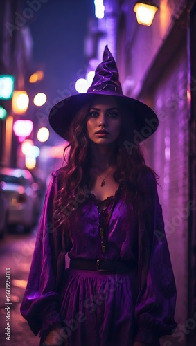 Girl in Purple Halloween Witch Costume on the Street