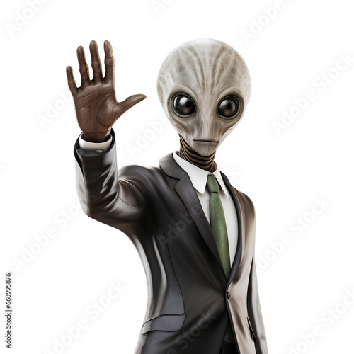 Alien wearing a business suit on transparent background PNG. Alien business concept.