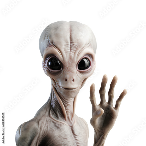 Alien raising hands to greet humans on transparent background PNG. Hello Earth concept.