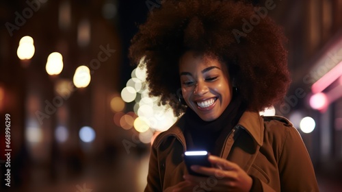 Happy Afro Girl Using Cell Phone in Night City AI Generated