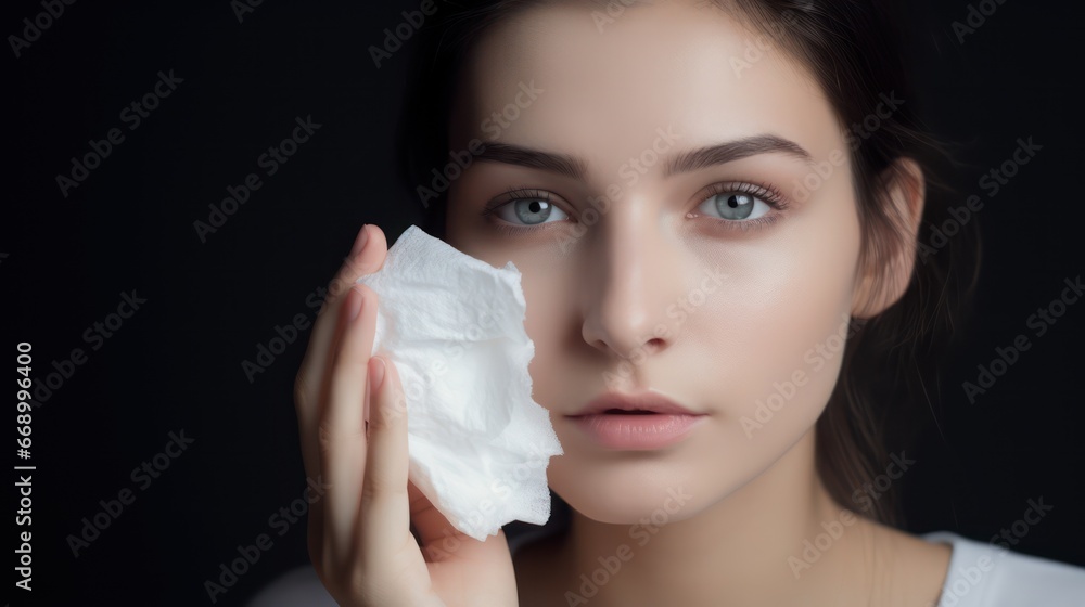 Minimalistic Image of a Woman Wiping Her Face with a Cotton Pad AI Generated Minimalistic Image of a Woman Wiping Her Face with a Cotton Pad AI Generated