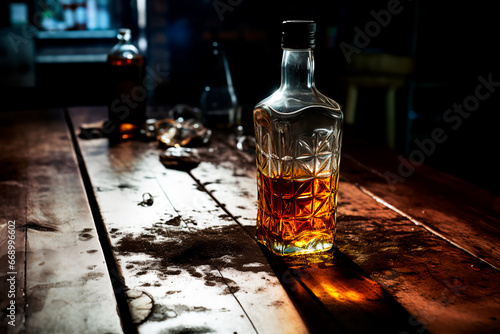 An alcohol kills. An empty alcohol bottle on a table on a dark background. The concept of alcohol dependence. An empty alcohol bottle on the table 