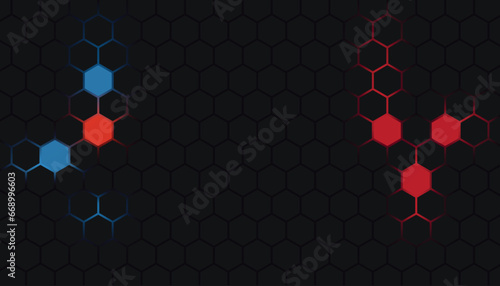 Fototapeta Naklejka Na Ścianę i Meble -  Dark red and blue hexagon abstract technology background with red and blue colored bright flashes under hexagon.