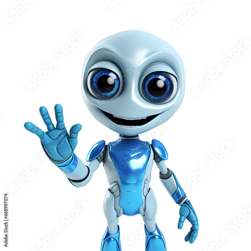 Cute alien raising hands to greet humans on transparent background PNG. Hello world concept.