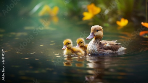 A family of ducklings taking their first swim in a pond, a moment of discovery and adventure. © Ahmad