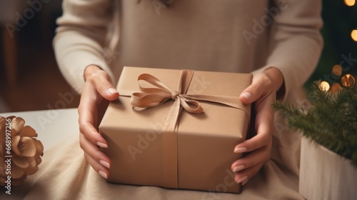 Minimalistic Superb Clean Image of an Anonymous Woman Packing a Product in a Cardboard Gift Box AI Generated