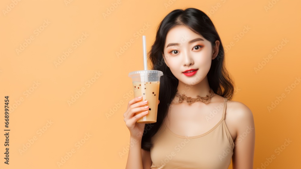 Asian Woman Enjoying Bubble Tea in Minimalistic Studio AI Generated Asian Woman Enjoying Bubble Tea in Minimalistic Studio AI Generated