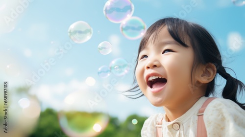 Asian Little Girl Playing with Bubbles AI Generated