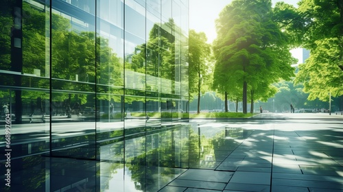 Striking Double Exposure: Corporate Glass Building Embracing Sustainability – ESG Concept with Green Reflections, Business Partner Success, and Trust photo