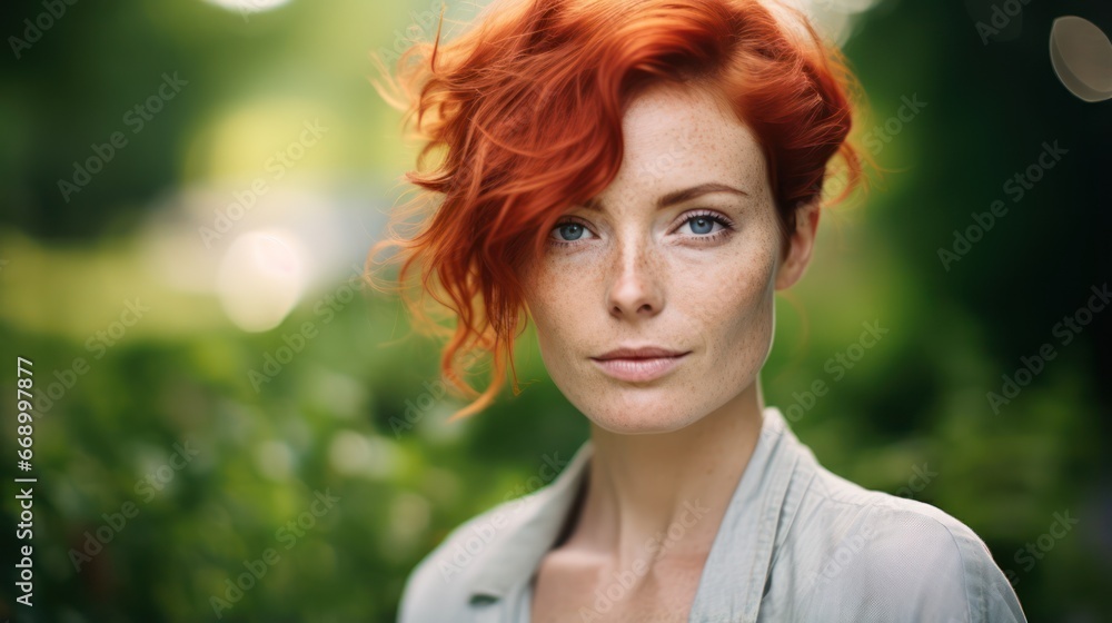 Beautiful Aged Female with Short Red Hair Outdoors AI Generated Beautiful Aged Female with Short Red Hair Outdoors AI Generated