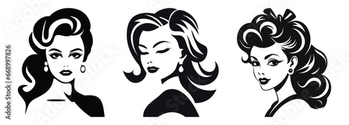 Set of Women Faces Black Color Vector Illustration
