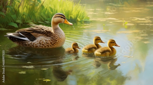 A family of ducks swimming in a tranquil pond, the ducklings following the mother in a neat line.