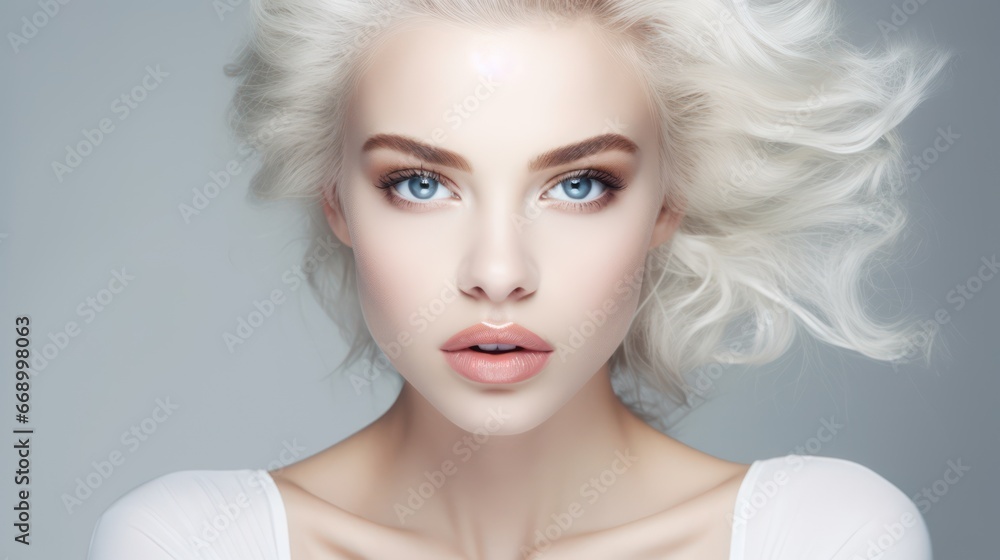 Minimalistic Beauty Portrait of Young Woman with Fashion Makeup AI Generated