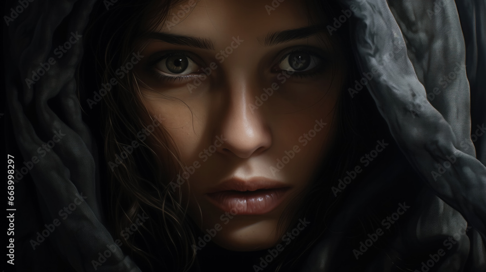 Intense gaze from a hooded figure. Intense gaze from a hooded figure.