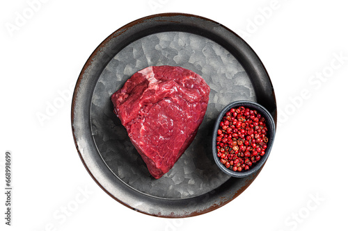 Piece of raw rump steak prepared for cooking. Black background. Top view
