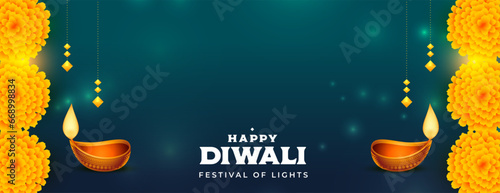 happy diwali occasion banner with oil lamp and floral design vector