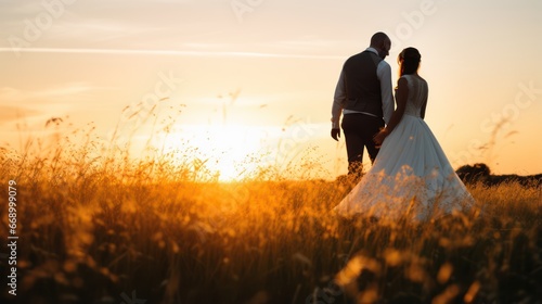 Minimalistic Superb Clean Image of Bride and Groom in Field at Sunset AI Generated photo