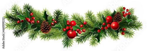 Christmas banner pine cones and branches, ilex with red berries on white background