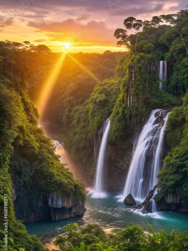 charming vivid HDR illustration of jungle with waterfall and sunset rays in the background. Generative Ai.