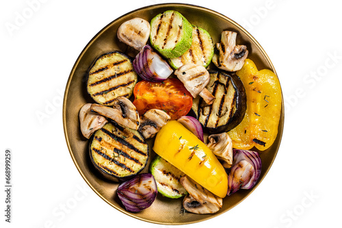 Various grilled Vegetables, bell pepper, zucchini, eggplant, onion and tomato. Wooden background. Top view