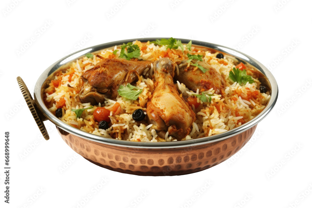 Spicy Chicken Biryani Cuisine in a Shiny Silver Bowl Isolated on Transparent Background