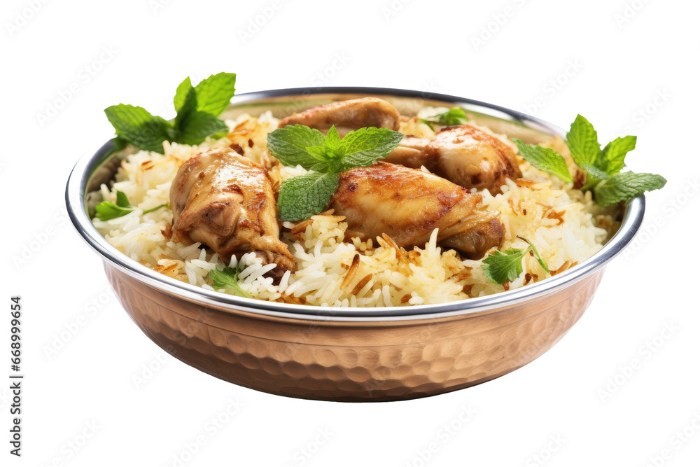 Authentic Chicken Biryani Meal in a Silver Bowl Isolated on Transparent Background