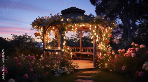 A garden gazebo at twilight  illuminated by fairy lights and set amidst a backdrop of nocturnal blooms.